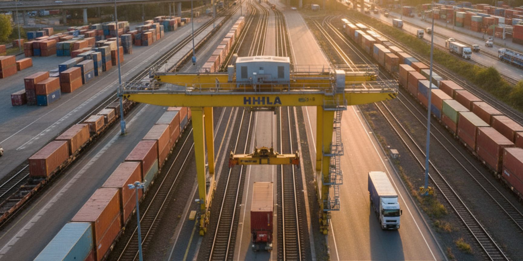 Bei Sonnenuntergang ist ein geschäftiges bimodales Frachtterminal zu sehen. Ein großer, gelber Portalkran mit der Aufschrift 